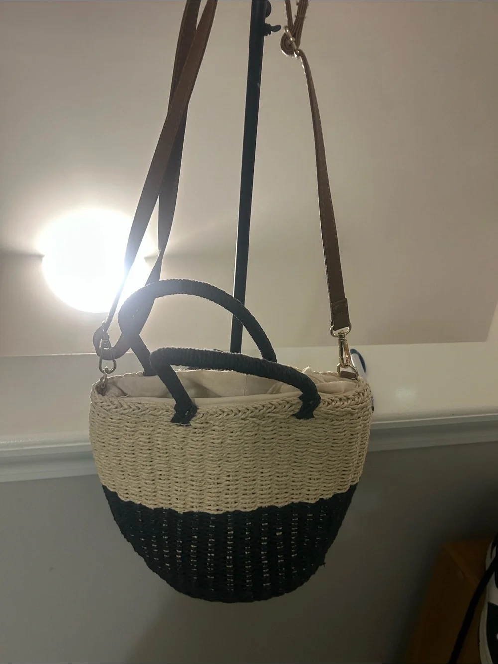 Marabelle Woven Two-Tone Black & Cream Straw bucket Tote Bag